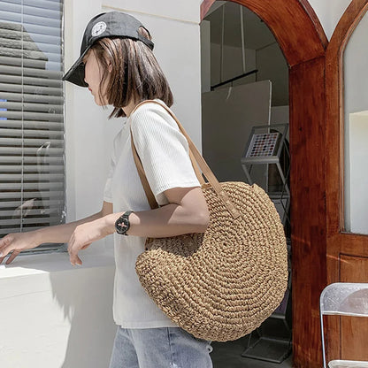 Round Straw Beach Tote for Women Large Capacity Bag - Smarsty