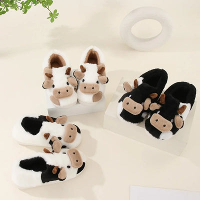 Winter Home Slippers for Couples Warm Plush Neutral Cartoon Cow Indoor Anti Slip Comfortable Cotton Slippers for Men and Women - Smarsty