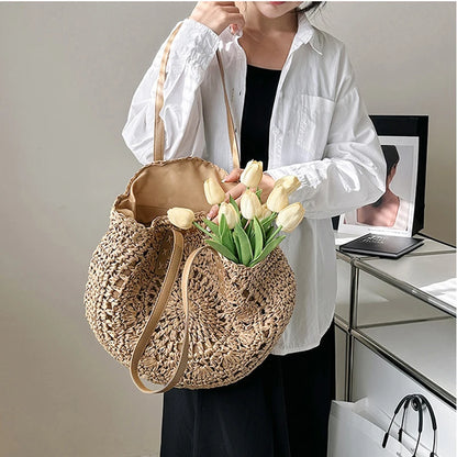 Round Straw Beach Tote for Women Large Capacity Bag - Smarsty