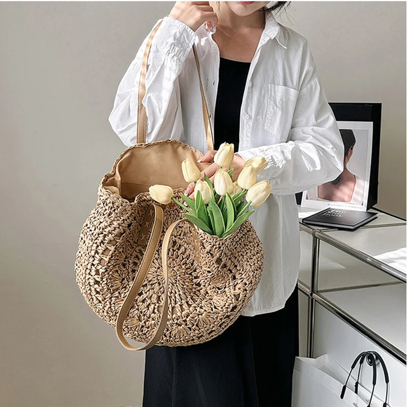 Round Straw Beach Tote for Women Large Capacity Bag - Smarsty