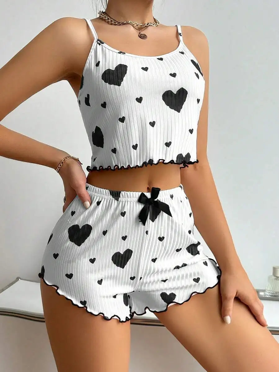 Women's Pajamas Set Sleepwear 2 PCS Short Tank Tops And Shorts S M L White Ventilate Soft Casual Love Printing - Smarsty