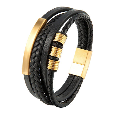 Men's Leather Charm Bracelet Stainless Steel Magnetic Clasp - Smarsty