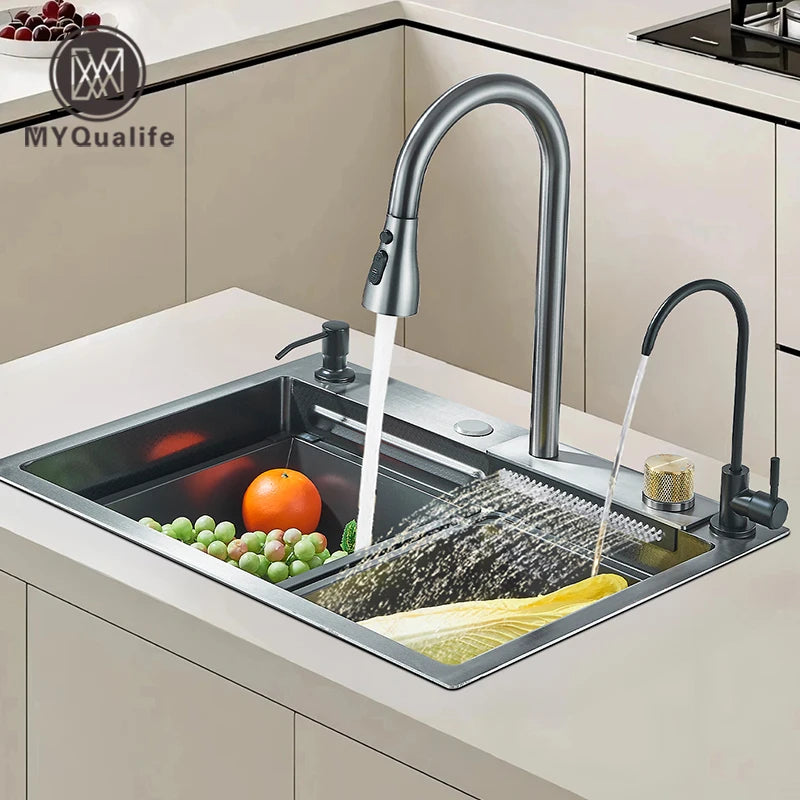 Large 304 Stainless Steel Waterfall Kitchen Sink with Faucet - Smarsty