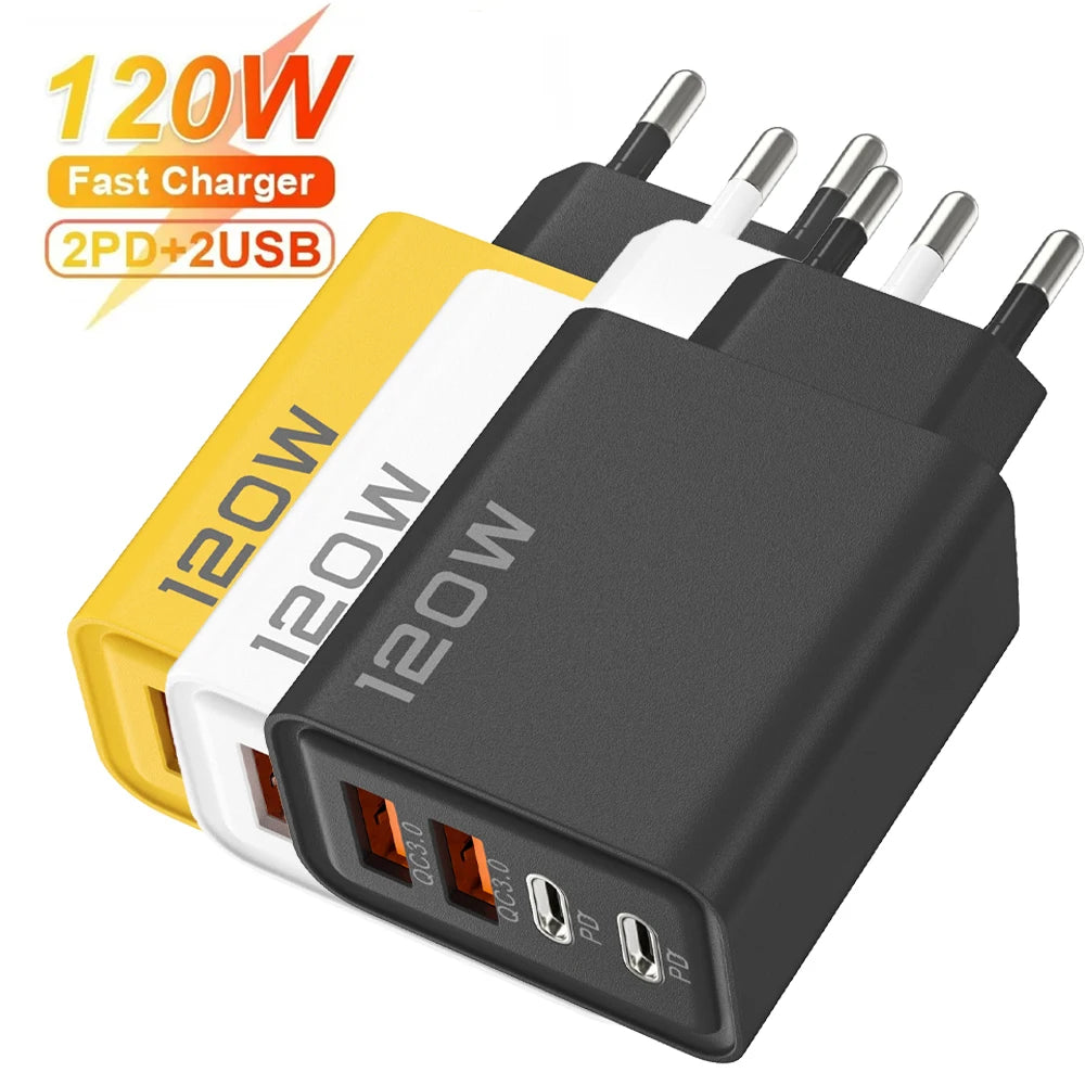 Quick Charge 3.0 Fast Charger Muti Total 120W 4 Port USB Type C PD Mobile Phone Wall Adapter for iPhone 16 Samsung S24 Xiaomi 15 - Smarsty