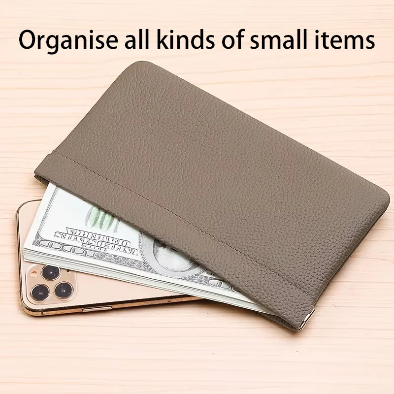 Self-closing first-layer genuine cowhide long wallet passport driver's license document holder data cable cosmetic bag storage