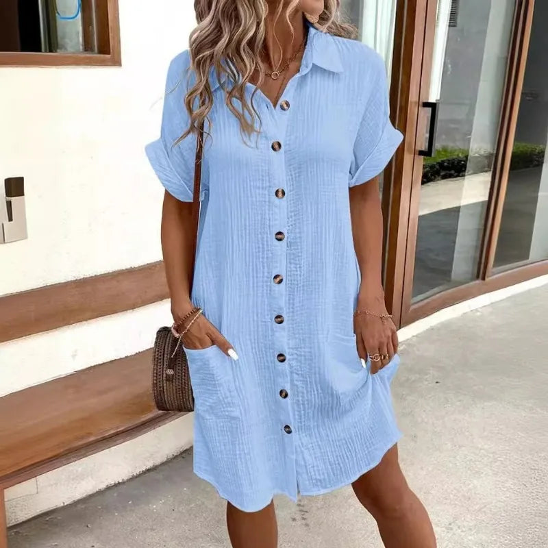Women's Fashion Summer Minimalist V-neck Button Up Dress Woman Cotton Linen White Short Sleeved Pocket Casual Loose Shirt Dress - Smarsty