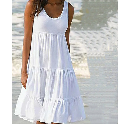 Bohemian Women's Casual O Neck Sleeveless Ruffle Mini Dress Solid Color Beach Tank Top Oversized Loose Dress Plus Size Women3029 - Smarsty