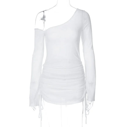 ALLNeon Fairycore White Perspective Oblique Shoulder Long Sleeve Mini Dress Hotsweet Shirring Hipster Dresses Sexy Clubwear Y2K - Smarsty