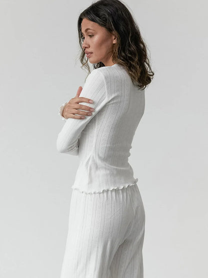 Mozuleva Love Jacquard Long Sleeved Pajamas Set Women's Spring Knitted Cardigan Pants Pajamas Comfortable Women Home Clothes - Smarsty