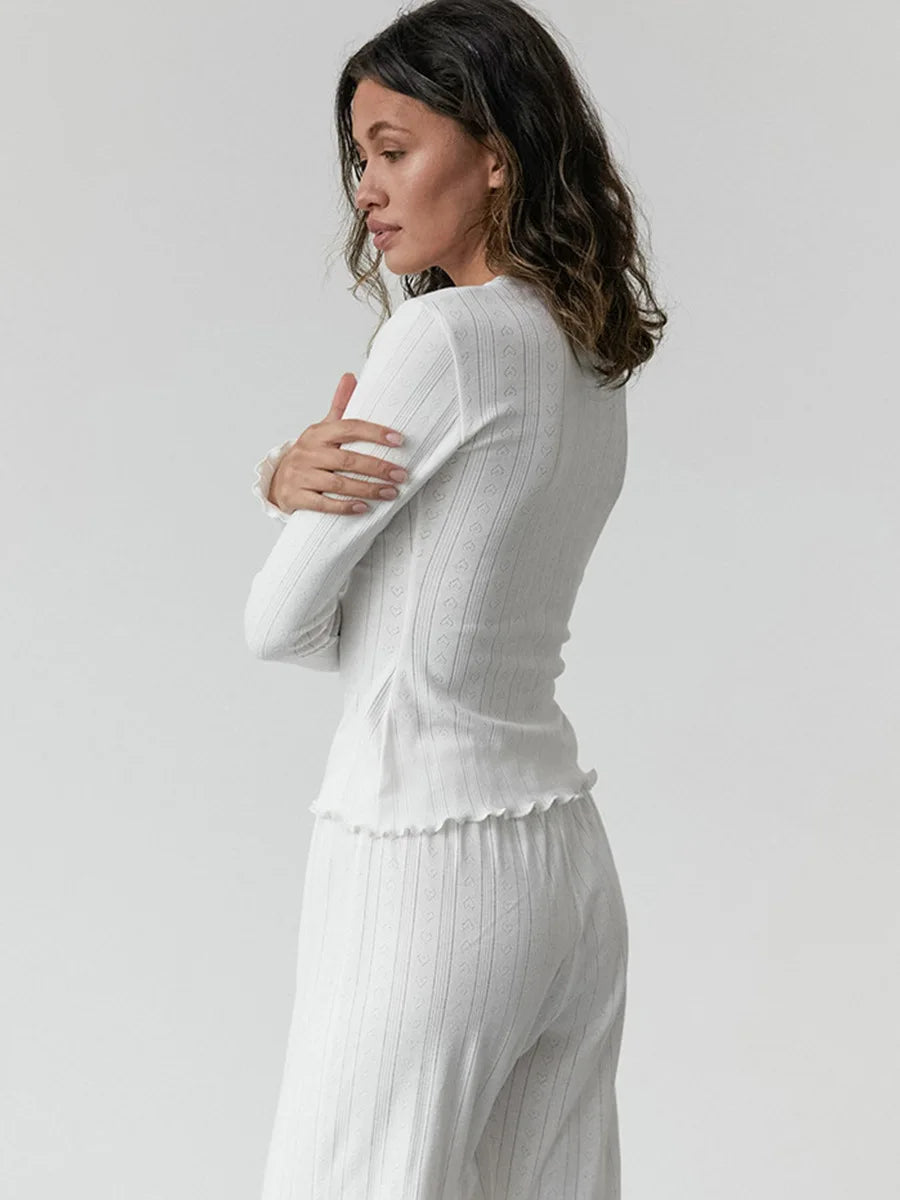 Mozuleva Love Jacquard Long Sleeved Pajamas Set Women's Spring Knitted Cardigan Pants Pajamas Comfortable Women Home Clothes - Smarsty