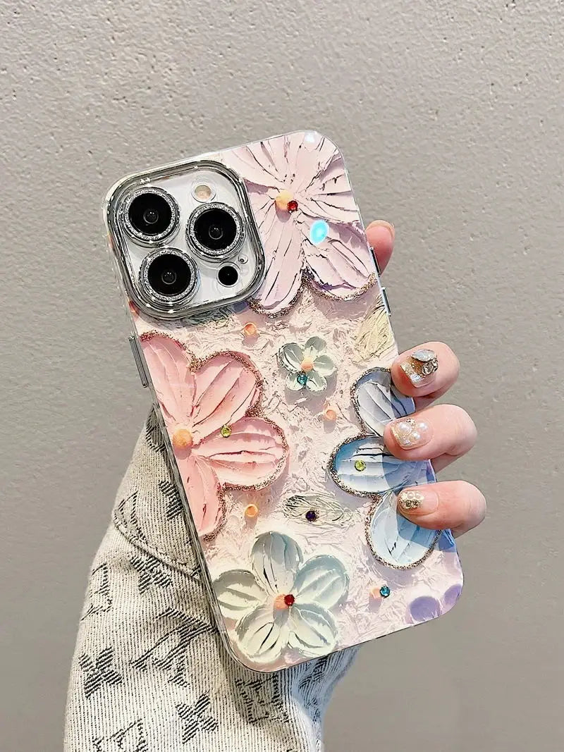 Luxury Flower Glitter Laser Phone Case For iPhone 17 Air 16 Pro Max 15 14 Plus 13 12 11 Diamond Shockproof Lens Protection Cover