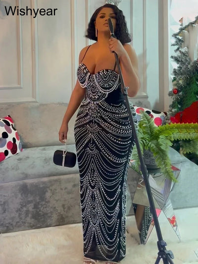 New Luxury Sparkly Crystal Rhinestone Pearl Celebrities Gown Brown Dress Woman Strap Evening Party Birthday Prom Wedding Vestido - Smarsty