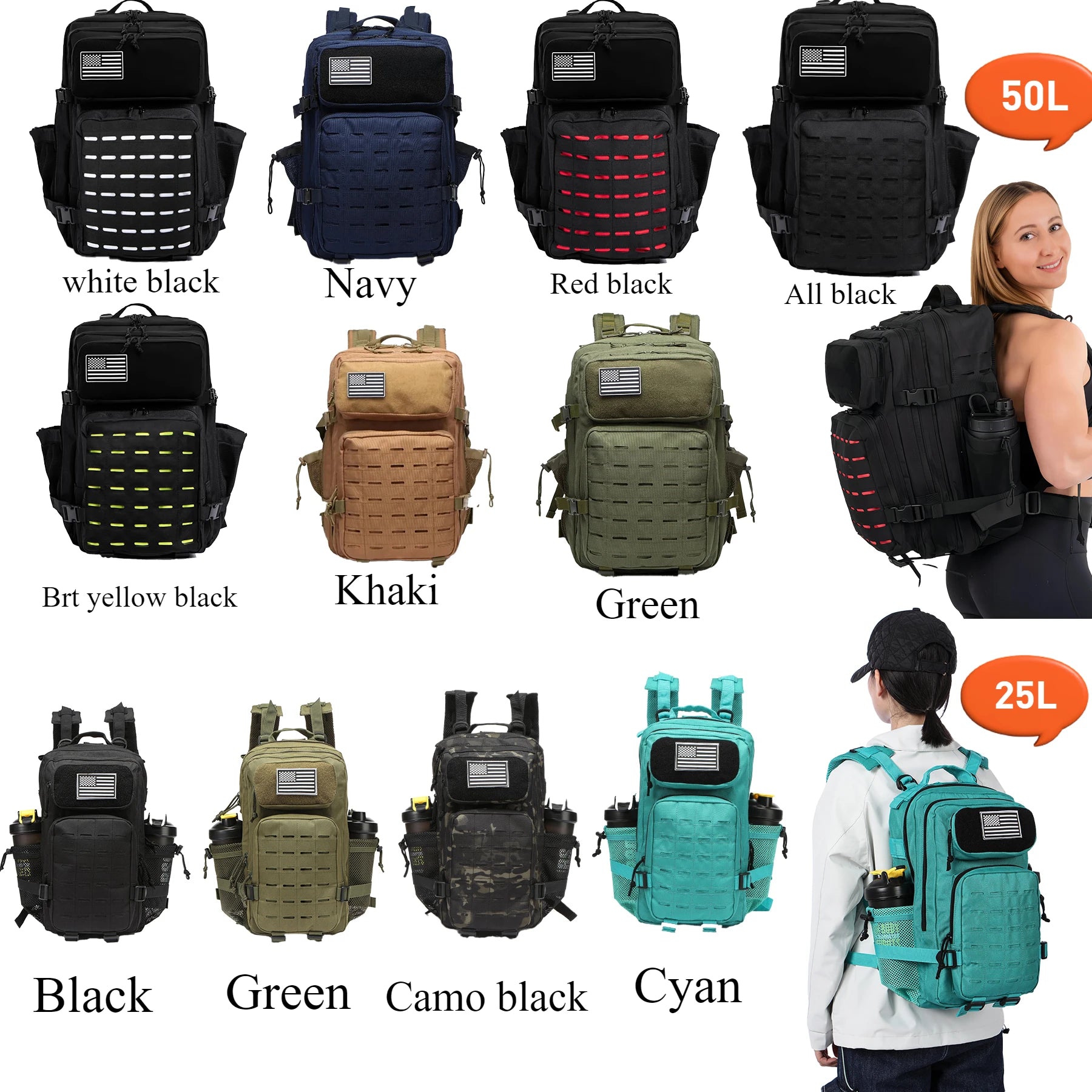 25L/50L Tactical Backpack Bag Hunting MOLLE Backpack GYM For Men EDC Outdoor Hiking Rucksack Witch 2 Bottle Holders - Smarsty