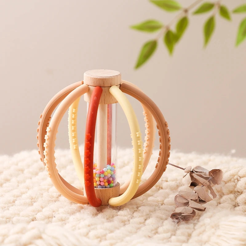 Baby Rattle Toy Wooden Rain Drum With Silicone Baby Sensory Touch Toy Newborn Dental Care Gum Anti-eating Hand Molar Stick Gif