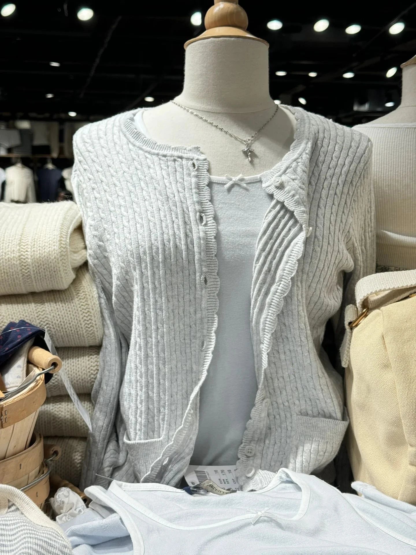 Pockets Twist Flower Knitted Sweater Cardigan O-Neck Single Breasted Long Sleeve Slim Sweaters Vintage Streetwear Gray Crop Tops - Smarsty