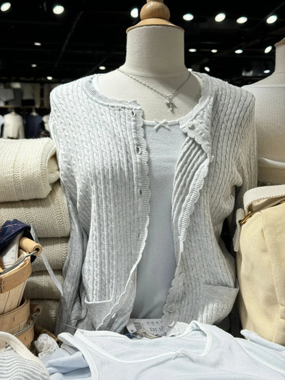 Pockets Twist Flower Knitted Sweater Cardigan O-Neck Single Breasted Long Sleeve Slim Sweaters Vintage Streetwear Gray Crop Tops - Smarsty