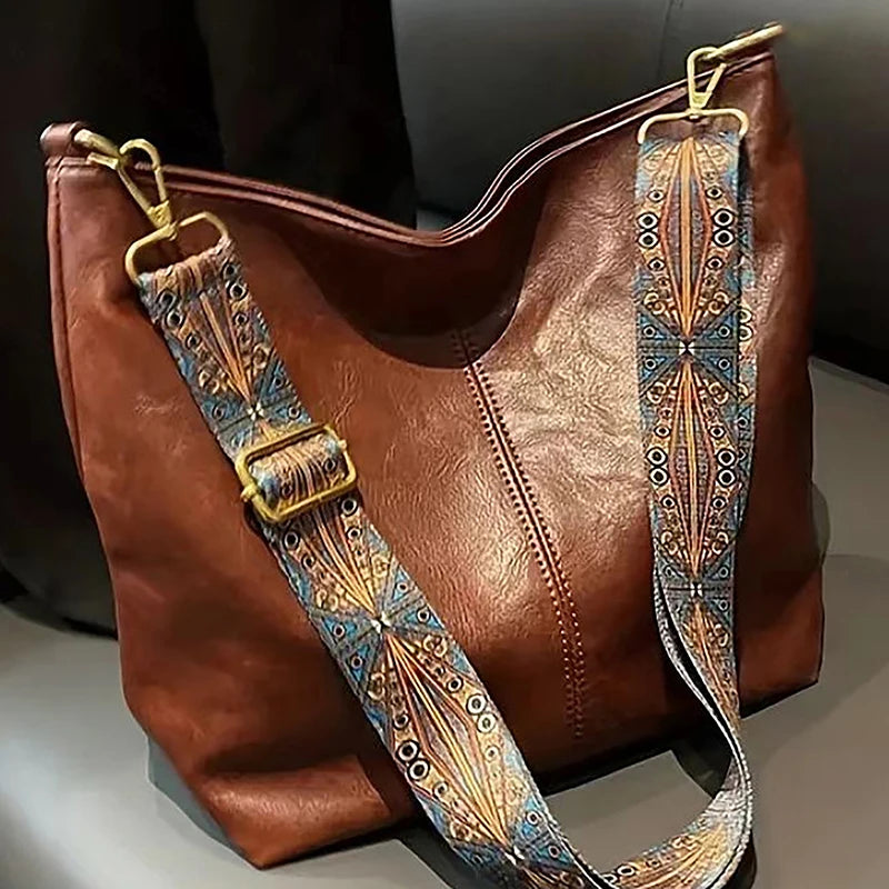 Wide Geometric Strap Shoulder Bag Large Capacity Crossbody Bags For Women,Retro Pu Leather Women's Bag For Shopping Travel - Smarsty