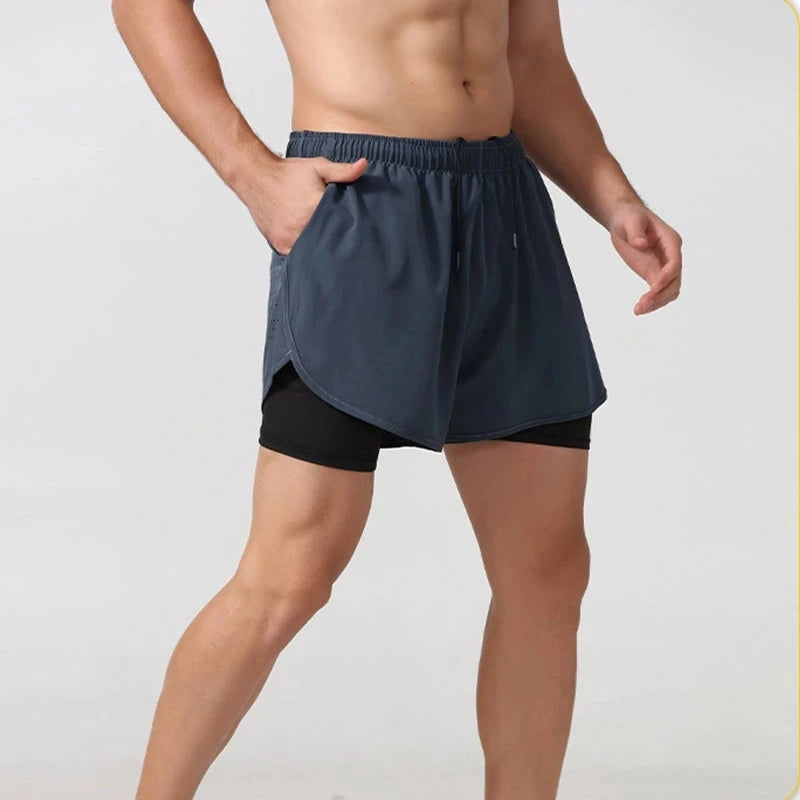 Men's Running Shorts Quick-drying Fitness Black Double Layer Shorts Men New Sport Workout Training Bodybuilding Short Pants - Smarsty