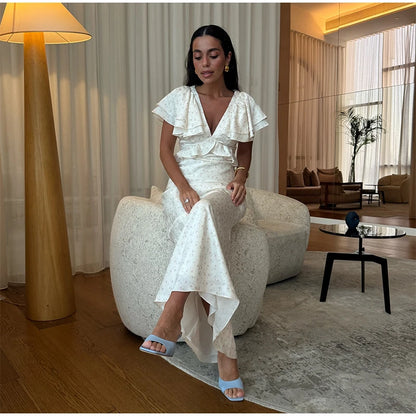Sweet Floral Printed Ruffle Hem Dress Chic A-line Lapel Puff Sleeve Dresses For Women 2025 Summer Lady Holiday Street Gowns New