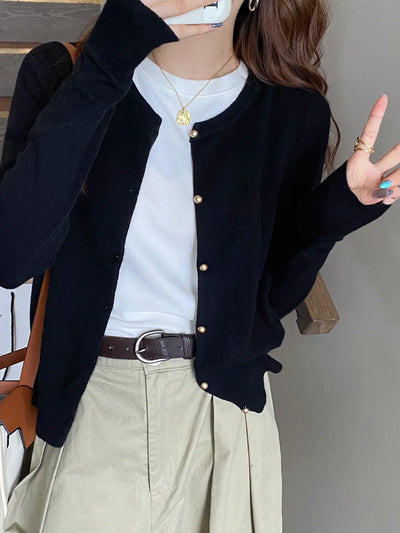Solid Color Knitted for Women Cardigan Korean Single Breasted Long Sleeve Jumper Woman Round Neck All Match Cardigans Outwear - Smarsty