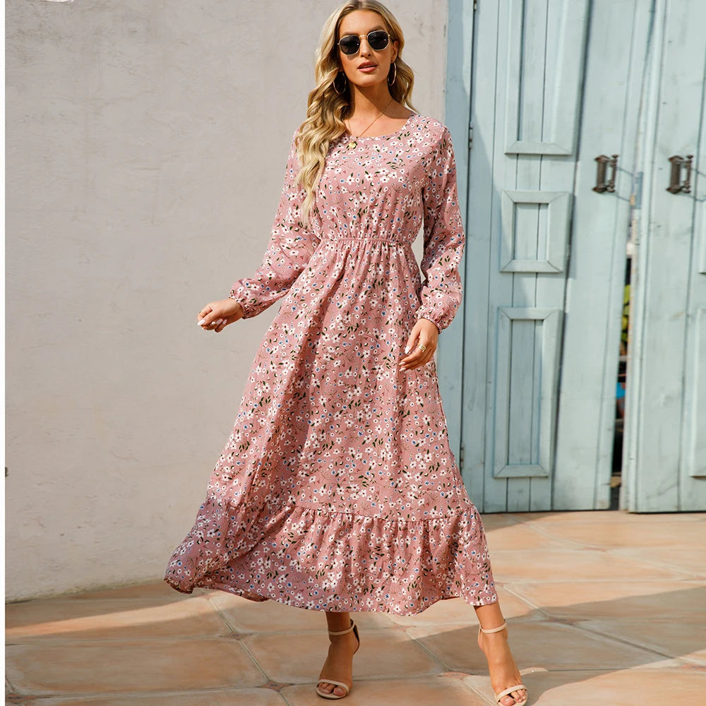 2023 Sping Summer Bohemian Women Maxi Dress Casual Long Sleeve High Waist Beach Woman Chiffon Dresses Floral Vestidoes Mujer New - Smarsty