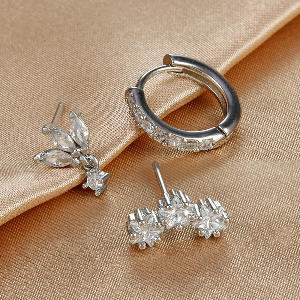 3Pc Stainless Steel Star Stud Earrings Sparkling Zircon - Smarsty