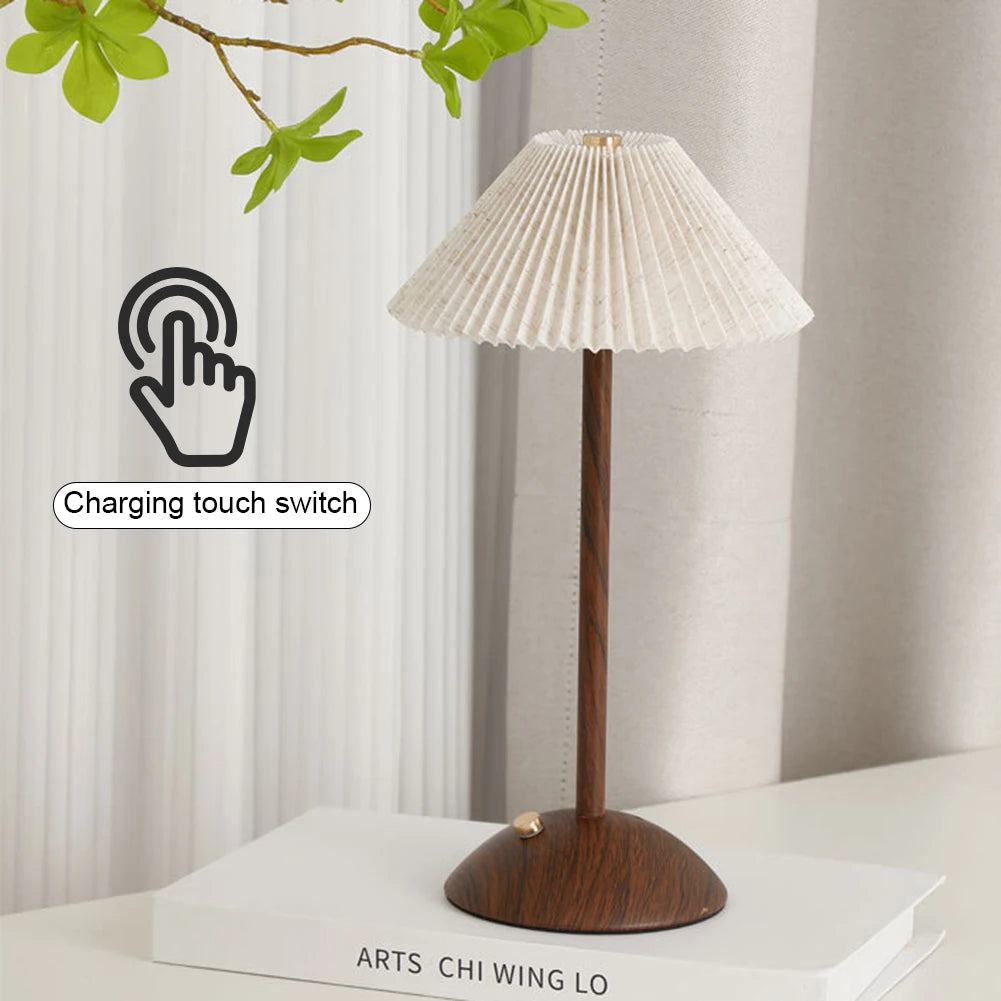 Minimalist Nightstand Light Fabric Shade Portable LED Desk Lamp Wood Base Dimmable Touch Lamp for Restaurant Bedroom Coffee Shop