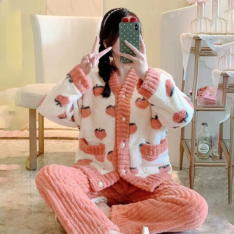 Padded and Thickened Warm Flannel Women Pajamas Loungewear Winter Peach Sleepwear Homewear Coral Velvet Two-Piece Set Nightwear - Smarsty