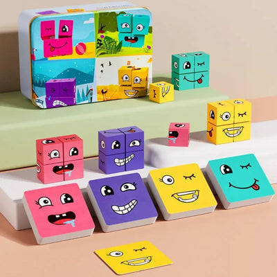Cube Face Changing Building Blocks Board Game Wood Puzzle Montessori Expression Wooden Blocos for Children Battle Table Game by Smarsty
