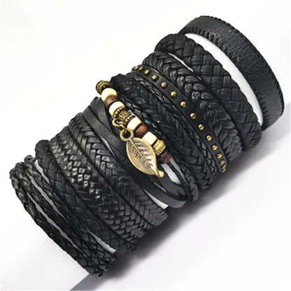 Handmade Black Leather Wrap Bracelets Set for Men and Women - Smarsty