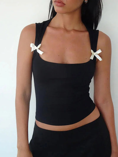 Y2K Women'S Bow Tie-Up Tank Tops Wide Shoulder Straps Bandage Camisole Sexy Low Cut Crop Tops Female Vest Tops - Smarsty