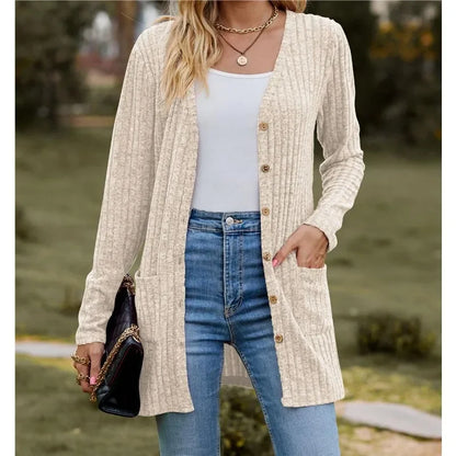 Autumn New Women's Milled Pit Stripe V-Neck Solid Colour Button Long Sleeve Ladies Casual Extensions Cardigan Jacket Coat - Smarsty