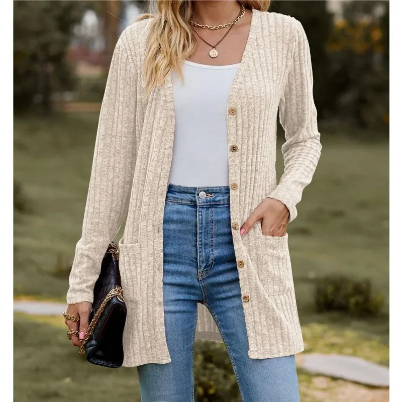 Autumn New Women's Milled Pit Stripe V-Neck Solid Colour Button Long Sleeve Ladies Casual Extensions Cardigan Jacket Coat - Smarsty