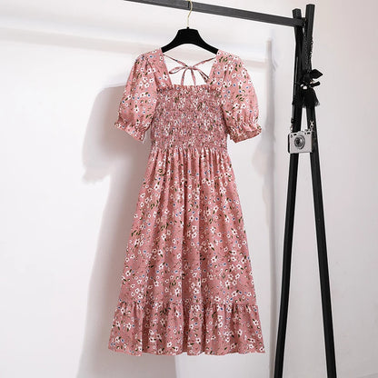 Spring Summer Chiffon Dresses Fashion Female Elastic Waist Short Sleeve Pleated Casual Dress Women A-line Dresses Vestidos - Smarsty