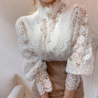 2025 French Style Spring Women Blouse Office Lady Flower Blouse Hollow Out Lace Stand Collar Button Shirt Female Clothing 12419 - Smarsty