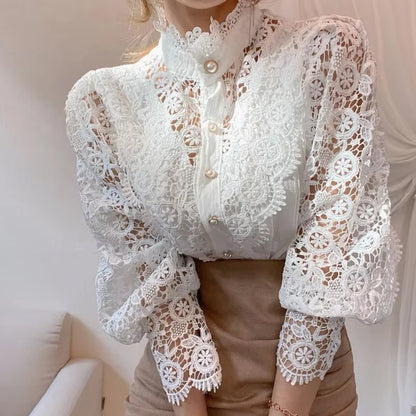 2025 French Style Spring Women Blouse Office Lady Flower Blouse Hollow Out Lace Stand Collar Button Shirt Female Clothing 12419 - Smarsty
