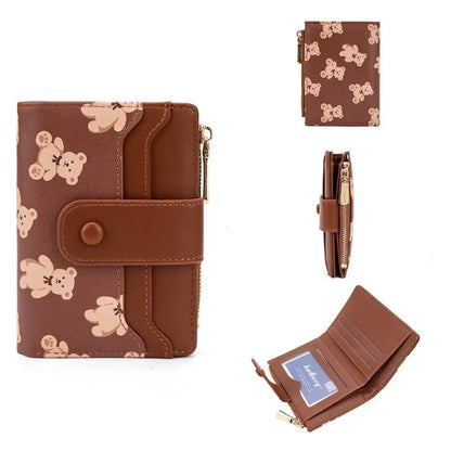 Women Short Wallets PU Leather Female Bifold Purses Cute Bear Card Holder Wallet for Girl Small Zipper Wallet with Coin Purse - Smarsty