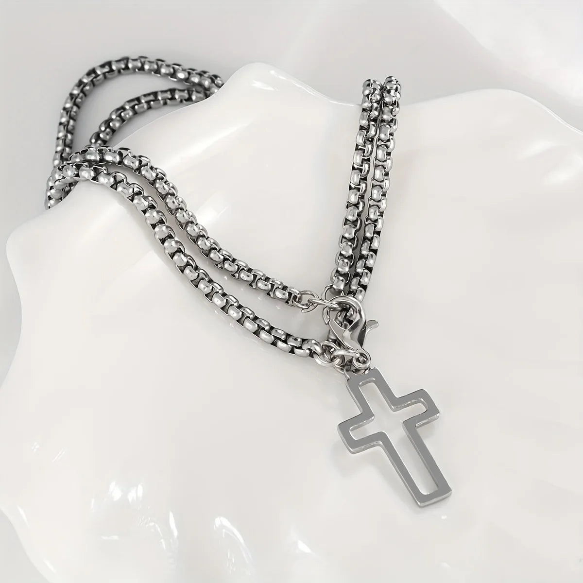 Mens Stainless Steel Double Chain Cross Bracelet Durable Hip Hop Jewelry - Smarsty