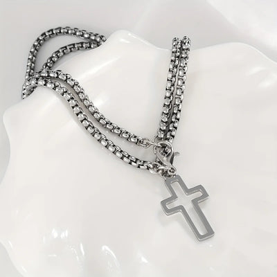 Mens Stainless Steel Double Chain Cross Bracelet Durable Hip Hop Jewelry - Smarsty
