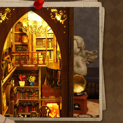 DIY Book Nook Shelf Insert Kit 3D Wooden Puzzle Doll House Assembly Building Model Bookends With Furniture LED Light Xmas Gifts by Smarsty