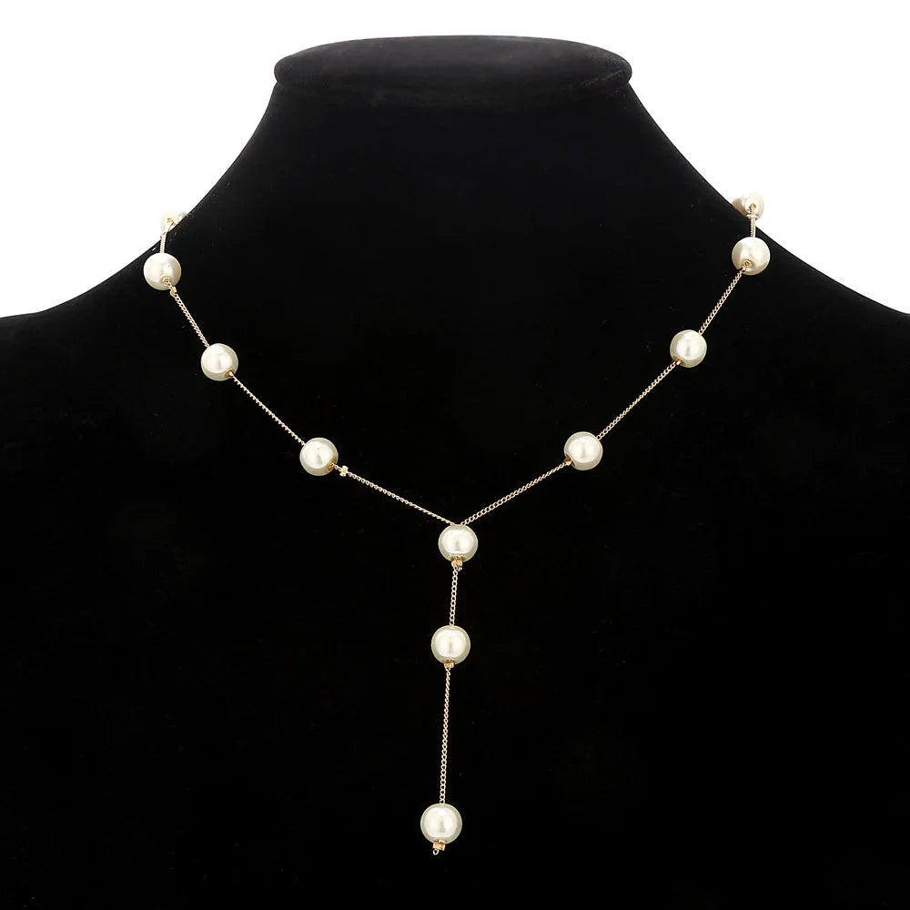 Gold Tone Necklace Earrings Bracelet Set With Tassel Pearls - Smarsty
