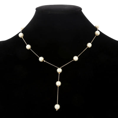 Gold Tone Necklace Earrings Bracelet Set With Tassel Pearls - Smarsty