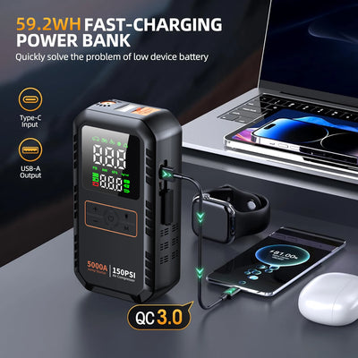 4-IN-1 Car Jump Starter with Air Compressor Peak 5000A Auto Battery Booster 150PSI Air Pump Portable Power Bank Tire Inflator - Smarsty