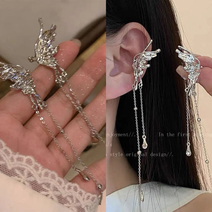 Elegant Butterfly Clip Earrings for Women with Long Tassels - Smarsty
