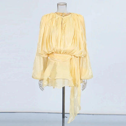 TWOTWINSTYLE Solid Patchwork Lace Up Blouse Mini Dresses For Women V Neck Long Sleeve Sweet Style Dress Female Clothing Fashion