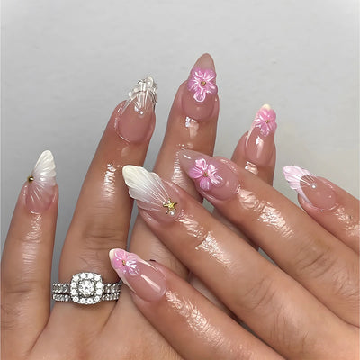 24Pcs Pink Almond False Nails with French Design - Smarsty