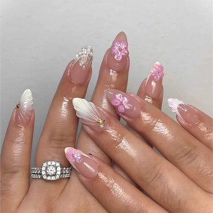 24Pcs Pink Almond False Nails with French Design - Smarsty