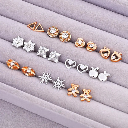 Gold and Silver Enamel Flower Heart Stud Earrings Set - Smarsty
