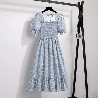 Spring Summer Chiffon Dresses Fashion Female Elastic Waist Short Sleeve Pleated Casual Dress Women A-line Dresses Vestidos - Smarsty