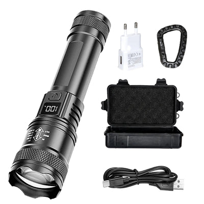 Rechargeable LED Flashlight Zoomable Torch with LCD Display 3 Modes Waterproof High Power Hand Light Outdoor Wilderness Camping - Smarsty
